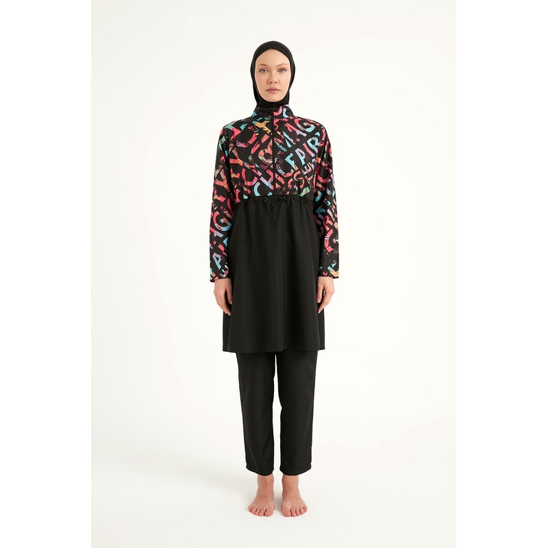 Black Full Coverage Swimsuit Set For Women R2507