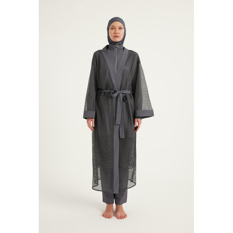 Charcoal Full Length Modest Mesh Kimono  Marina P2501-5