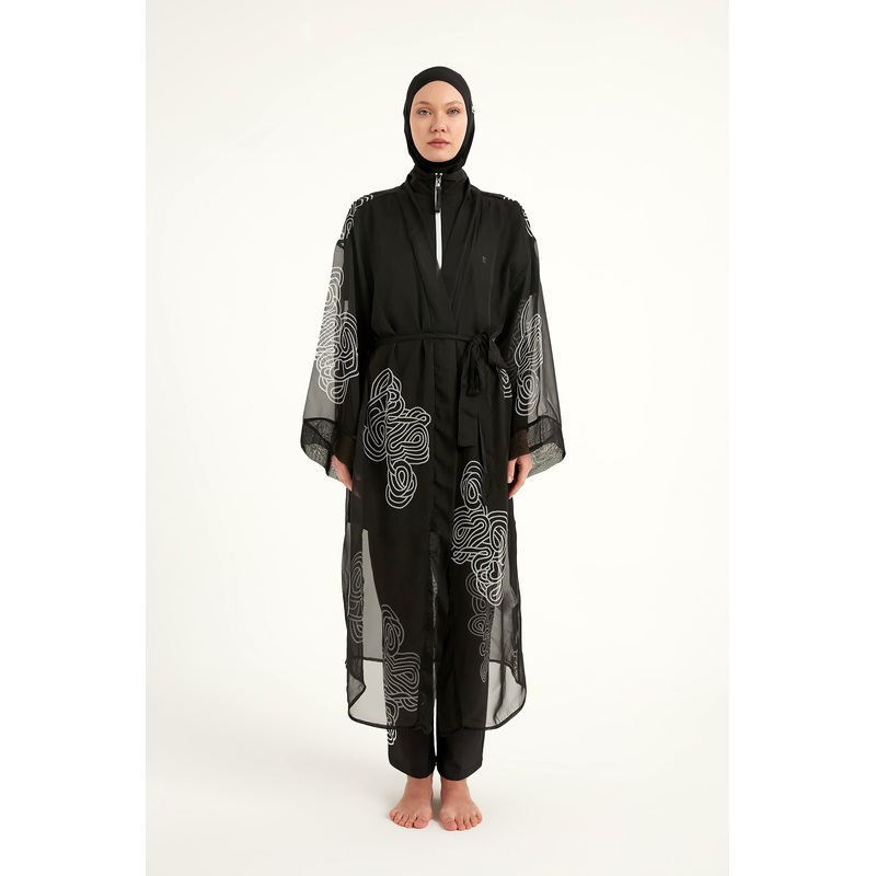 Marina Black & White Damask Chiffon Kimono - P2515