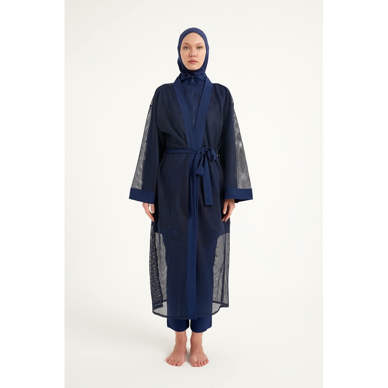 Navy Full Length Modest Mesh Kimono  Lightweight Islamic Swim Cover P2501-2
