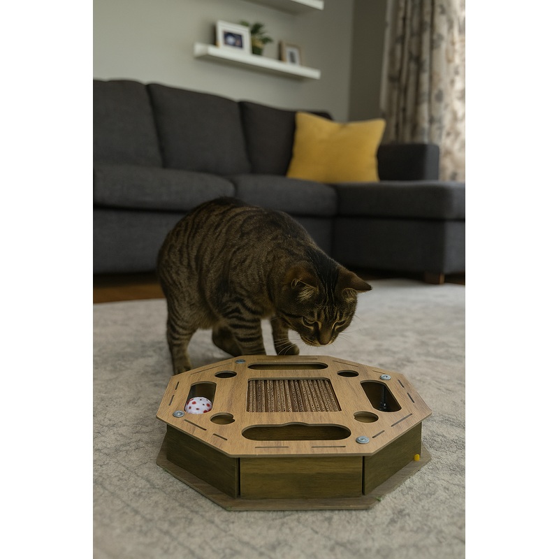 Wooden Octagon Cat Toy with Scratcher  Interactive Puzzle Board for Cats  Durable Pet Activity & Play Furniture