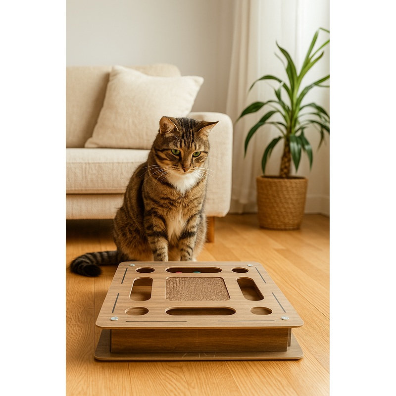Wooden Rectangle Cat Toy with Scratcher  Interactive Puzzle Board for Cats  Durable Pet Activity & Play Furniture