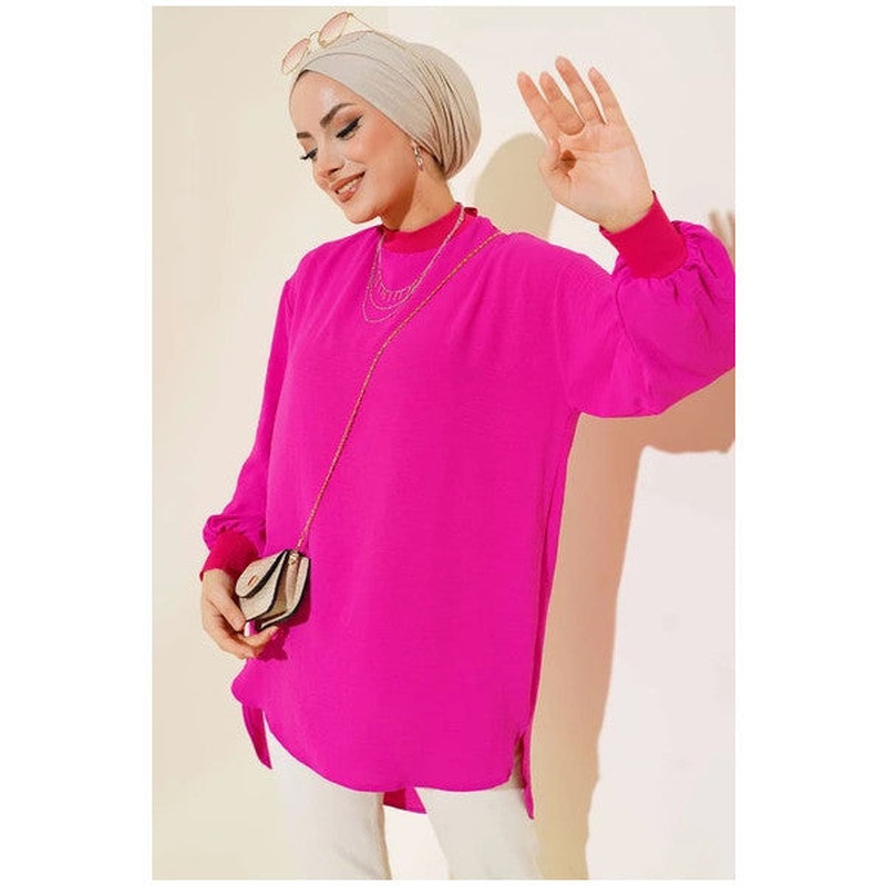 Collar Sleeve Ribbed Tunic Fuchsia