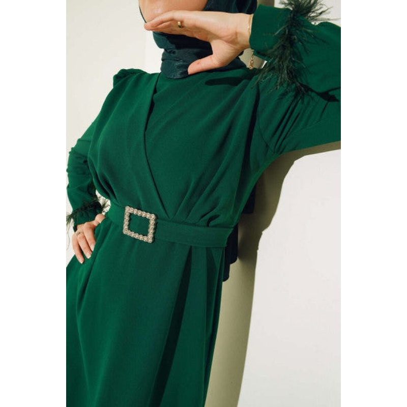 Feather Sleeve End Belted Dress Green