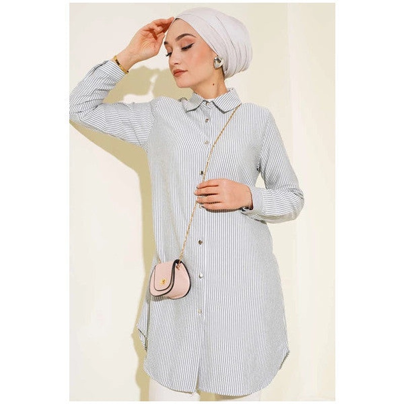 Metal Buttoned Striped Shirt Gray