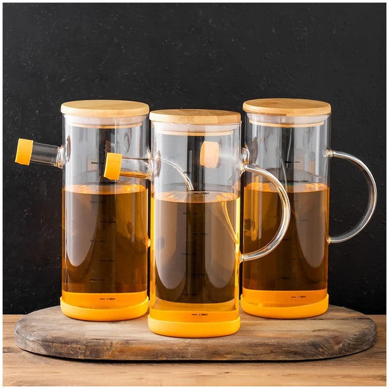 Porsima 401275 3-Piece Alisa Bamboo Lid Borosilicate Scale Glass Oil Bottle Silicone Based Oil Bottle 800 Ml