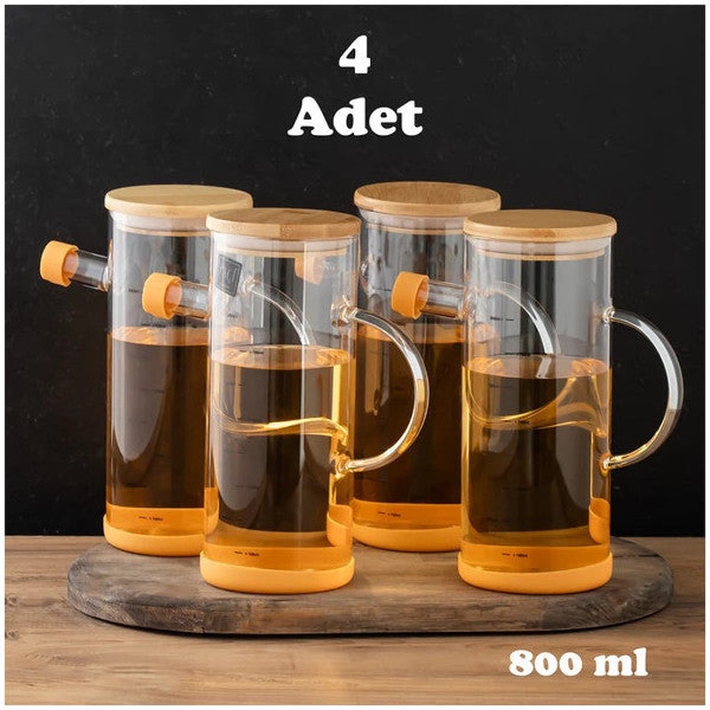 Porsima 401275 4-Piece Alisa Bamboo Lid Borosilicate Scale Glass Oil Bottle Silicone Based Oil Bottle 800 Ml