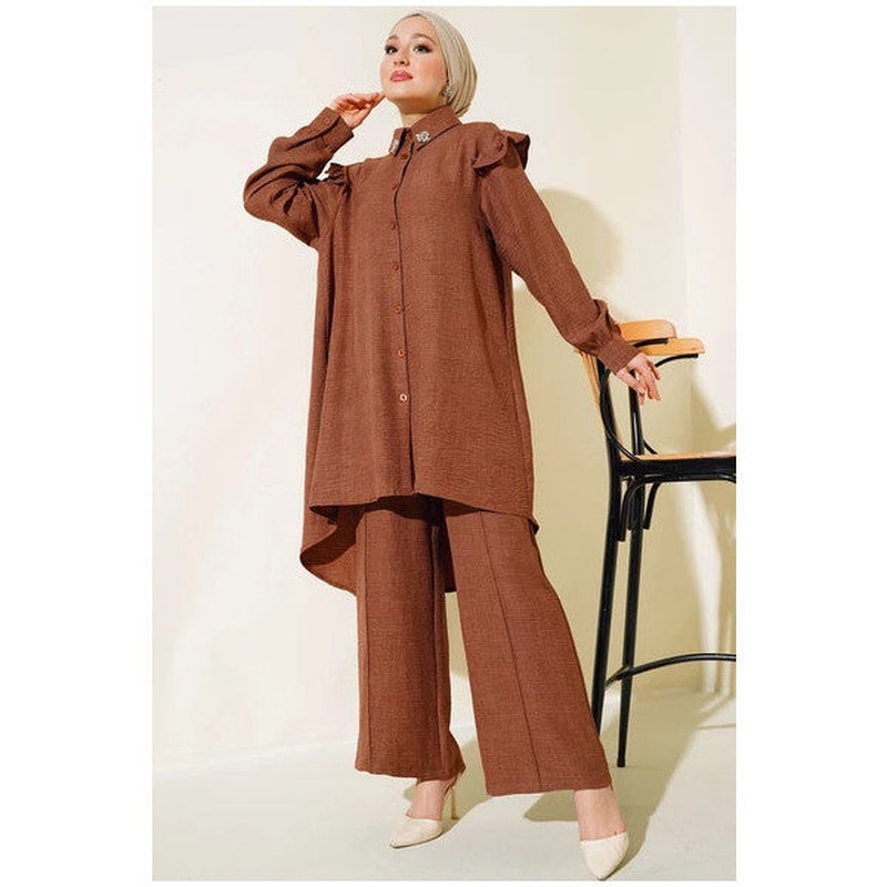 Shoulder Ruffle Linen Suit Brown