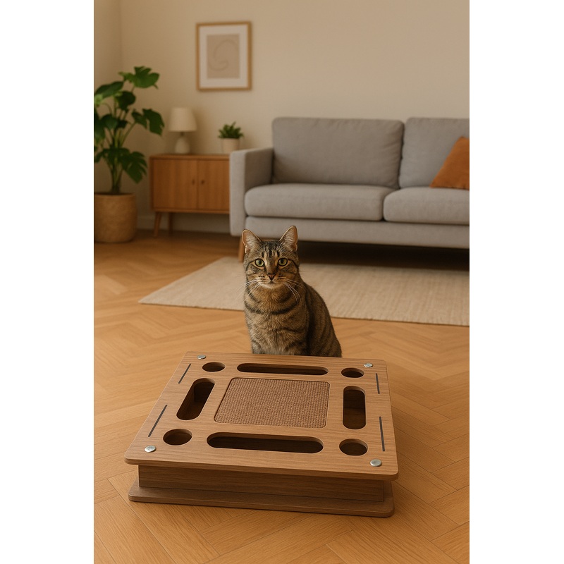 Wooden Square Cat Toy with Scratcher  Interactive Puzzle Board for Cats  Durable Pet Activity & Play Furniture