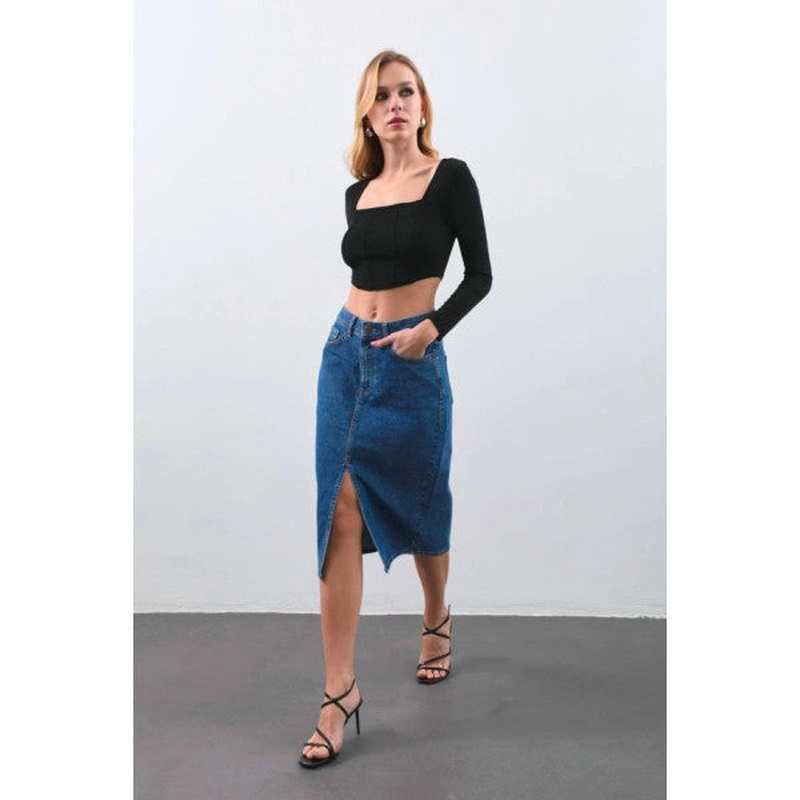 Women's Slit Midi Jean Skirt