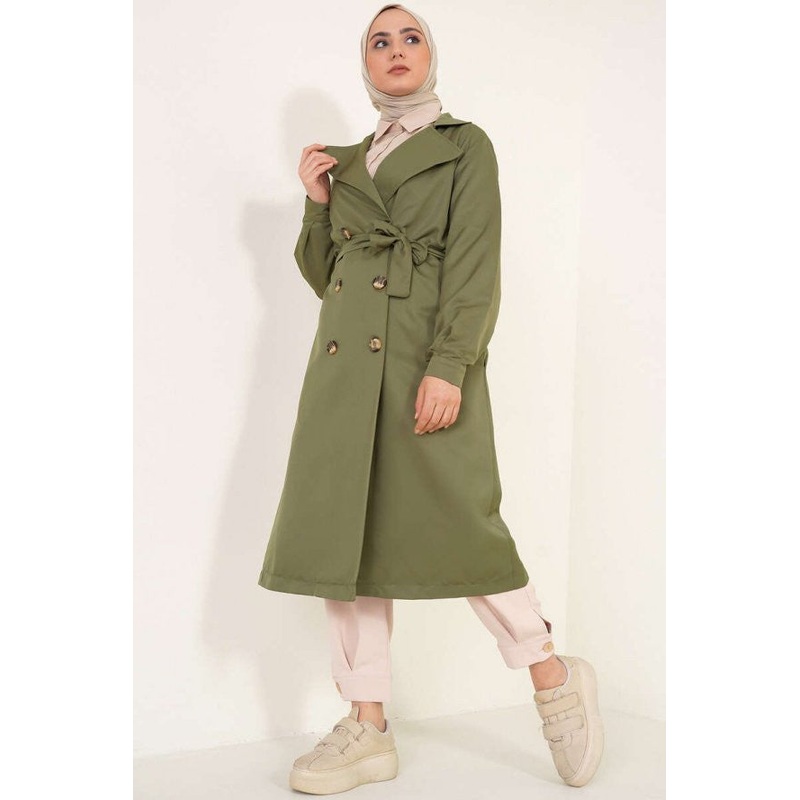 Three Buttons Double Breasted Collar Khaki Trench Coat