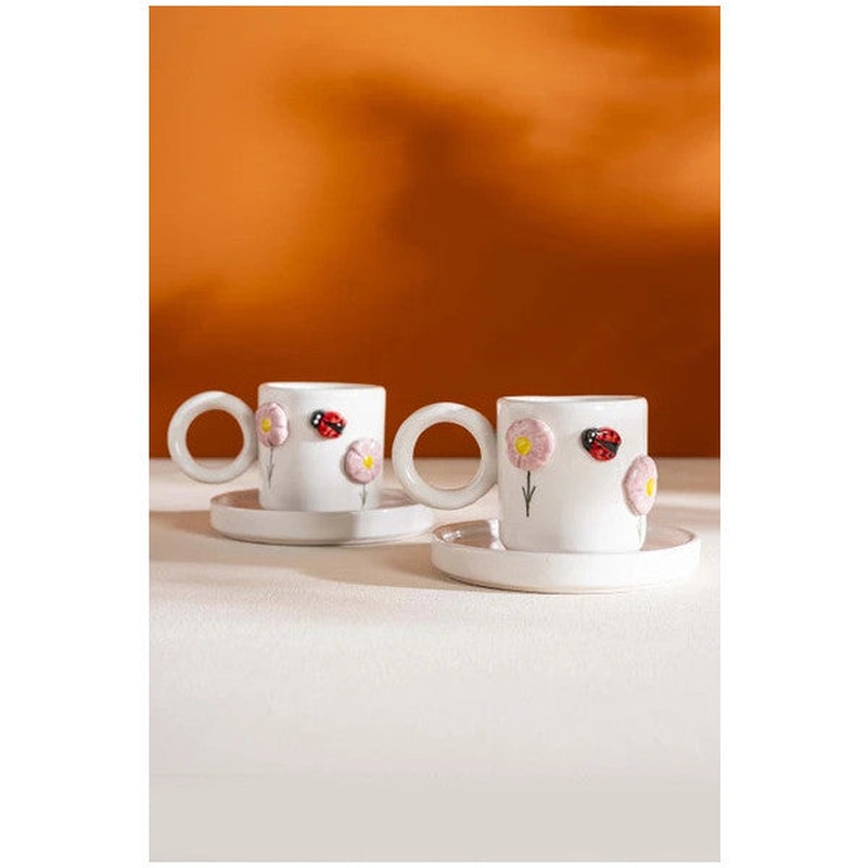 Ladybug Amore Handmade Ceramic Double Turkish Coffee Cup Set