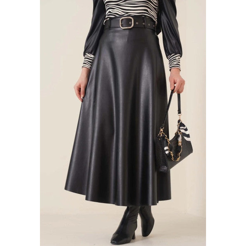 Belted Leather Bell Skirt Black