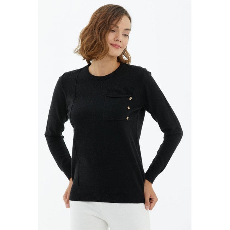 Crew Neck Pocket Buttoned Knitwear Sweater - Black