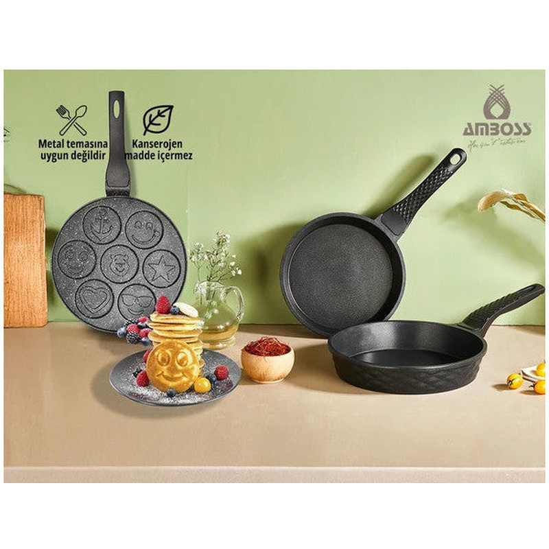3 Piece Cheerful Emoji Granite Pan & Double Cast Iron Pan Set 3 Piece Cheerful Emoji Granite Pan & Double Cast Iron Pan Set