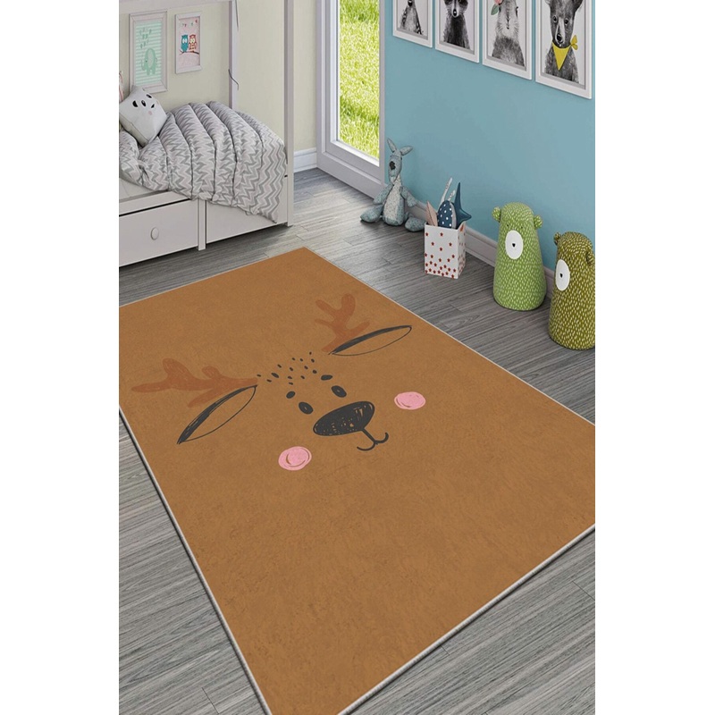 Brown Deer Figured Digital Printed Children's Room Carpet
