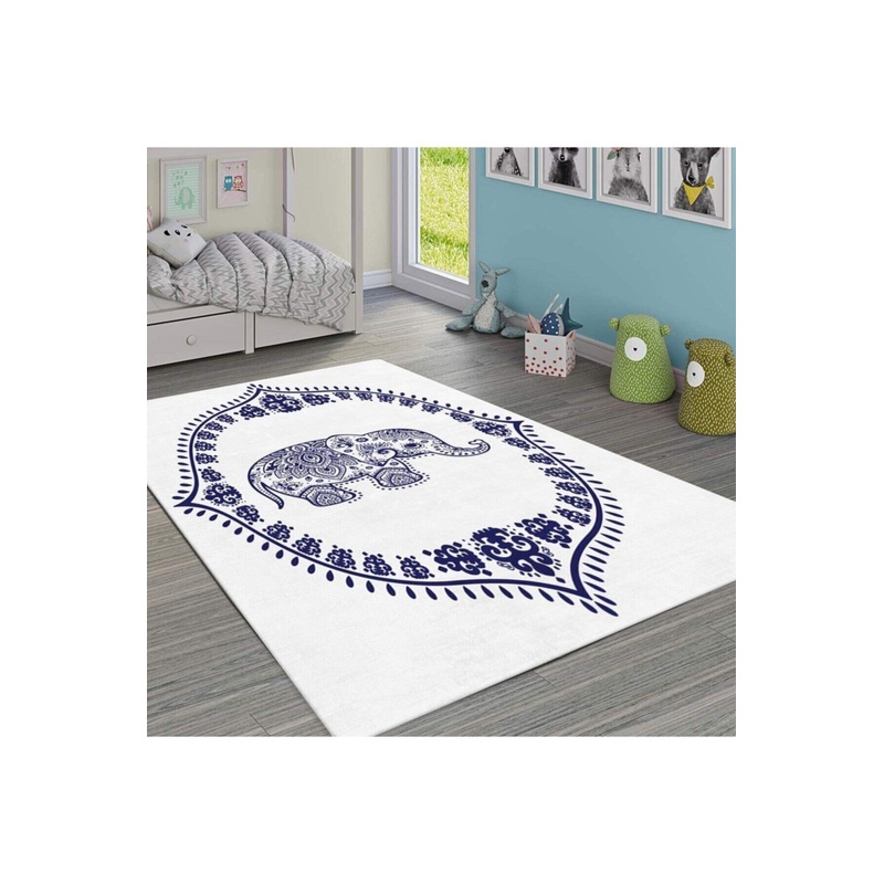 Digitally Printed Children's Room Carpet With White Elephant Motif
