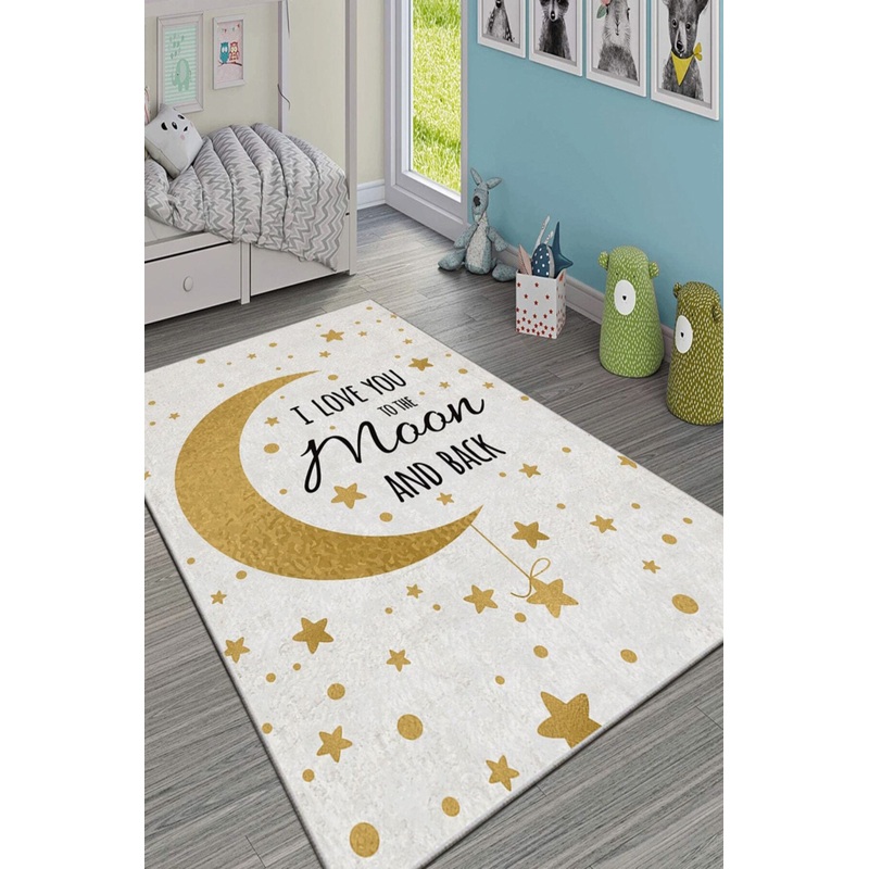 Gold Moon Motif Digital Printed Children's Room Carpet