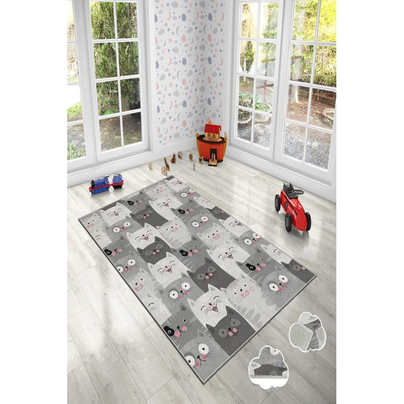 Gray Cat Figured Digital Printed Children's Room Carpet