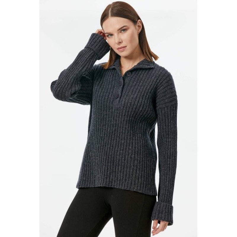 Half Turtleneck Buttoned Sweater - Anthracite
