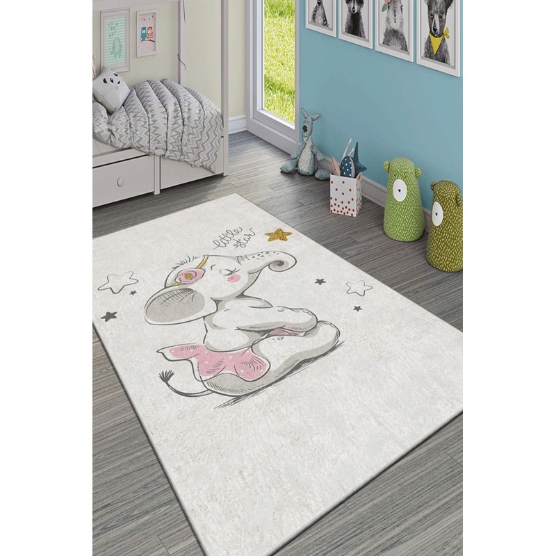 Pink Elephant Figured Digital Printed Children's Room Carpet
