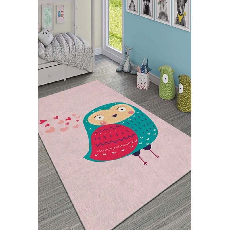 Pink Owl Figured Digital Printed Children's Room Carpet