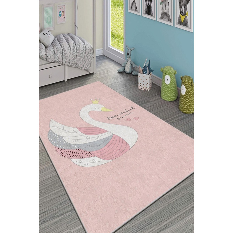 Pink Swan Figured Digital Printed Children's Room Carpet