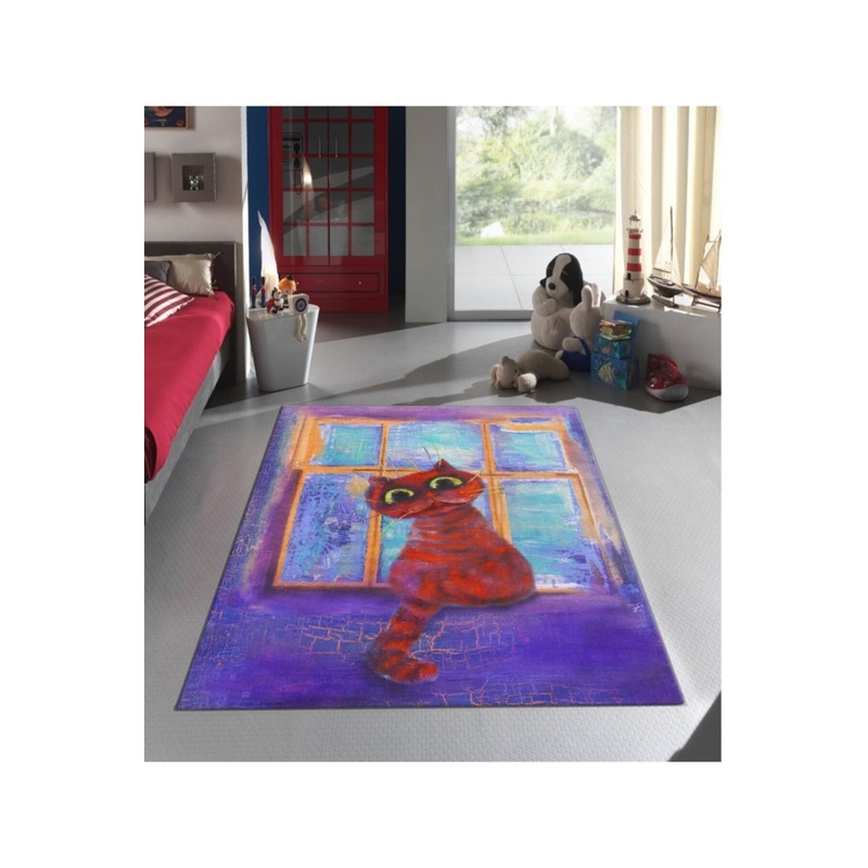 Purple Cat Patterned Digital Printed Children's Carpet