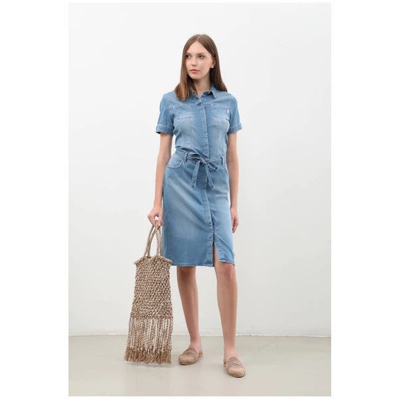 Women's Belt Detailed Buttoned Short Jean Dress