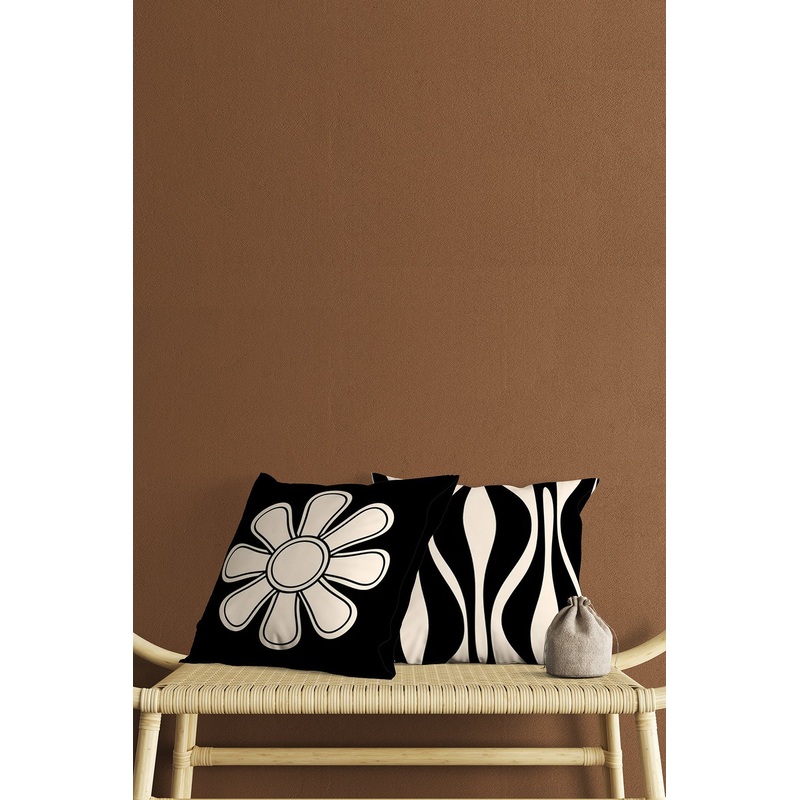 Black Ground Cream Flower Shaped Stripe Patterned Digital Print Double Sided 2 Pcs Cushion Cover
