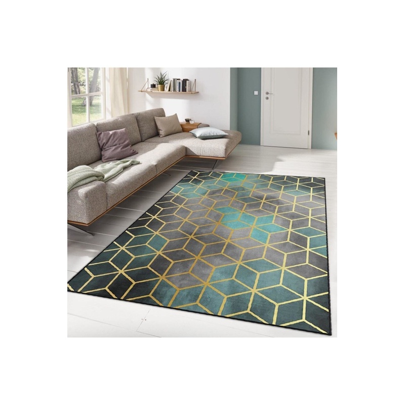 Blue Green Gold Patterned Digital Printed Carpet