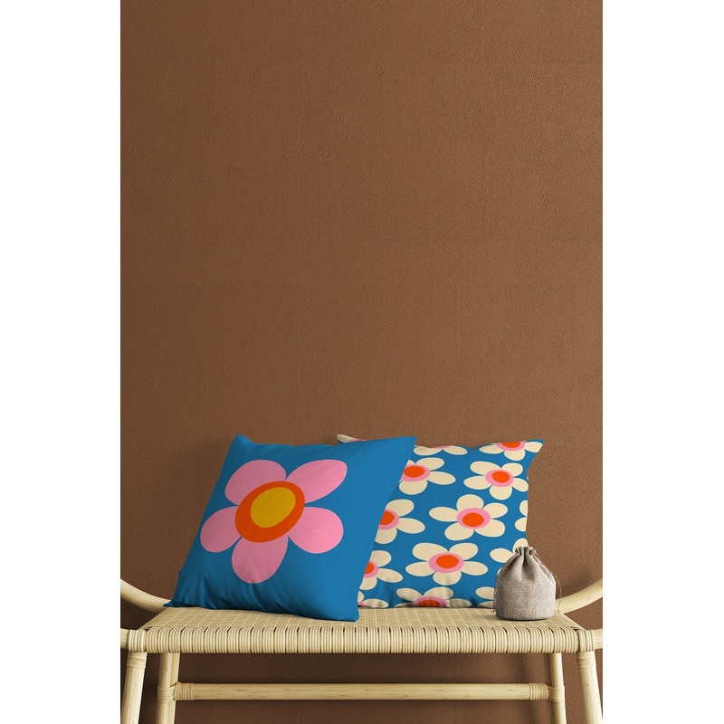 Blue Ground Pink Cream Floral Pattern Digital Print Double-Sided Decorative 2 Pcs Cushion Cover