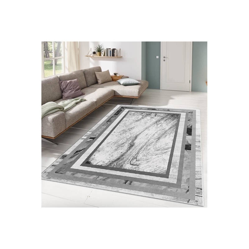 GrayWhite Frame Detailed Digital Printed Carpet