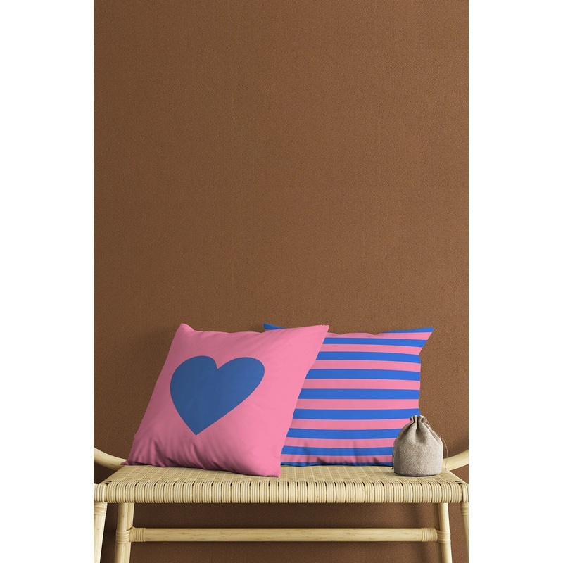 Pink Background Blue Heart And Stripe Patterned Digital Print Double-Sided Gift 2 Pcs Cushion Cover