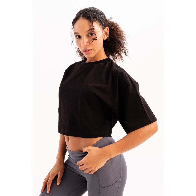 100% Cotton Crop Crew Neck Black Women's T-Shirt - Maia