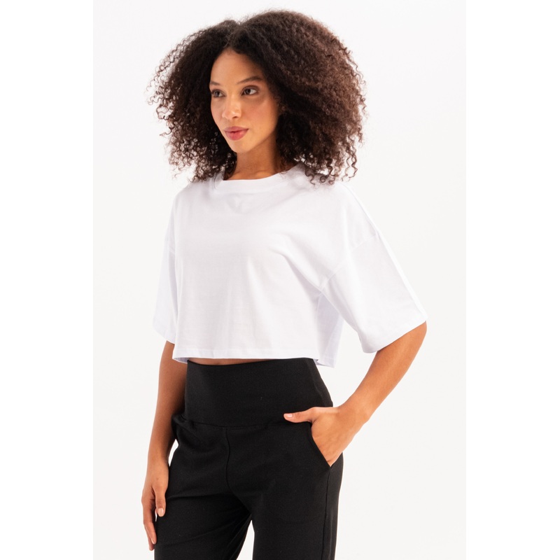 100% Cotton Crop Crew Neck White Women's T-Shirt - Maia