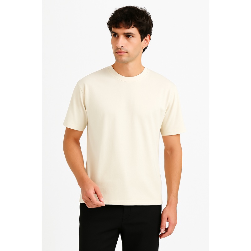 100% Cotton Oversize Fit Crew Neck Beige Men's T-Shirt - Alpha