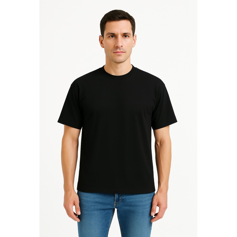 100% Cotton Oversize Fit Crew Neck Black Men's T-Shirt - Alpha