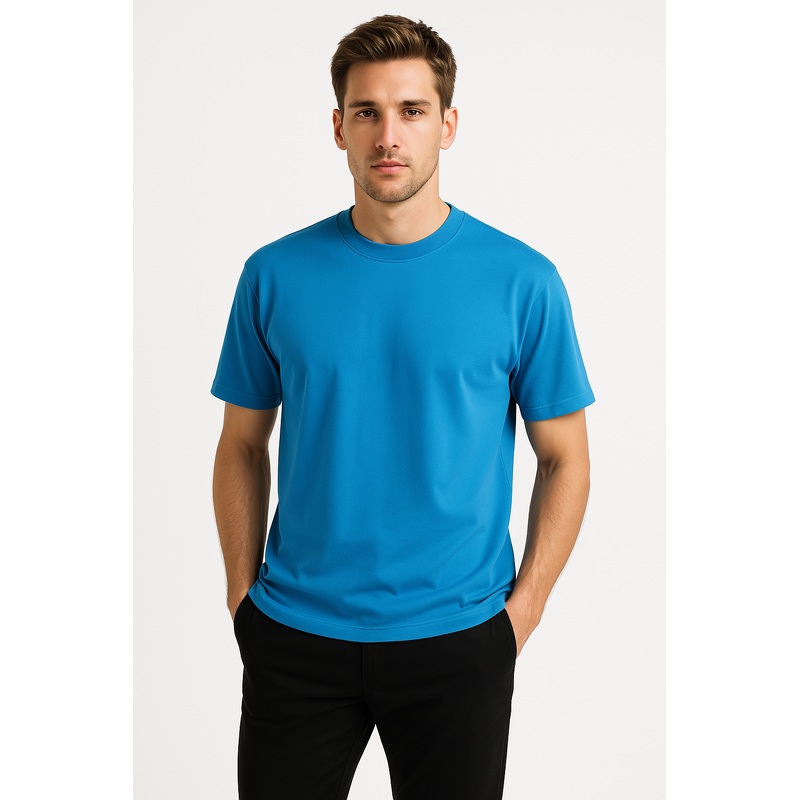 100% Cotton Oversize Fit Crew Neck Blue Men's T-Shirt - Alpha
