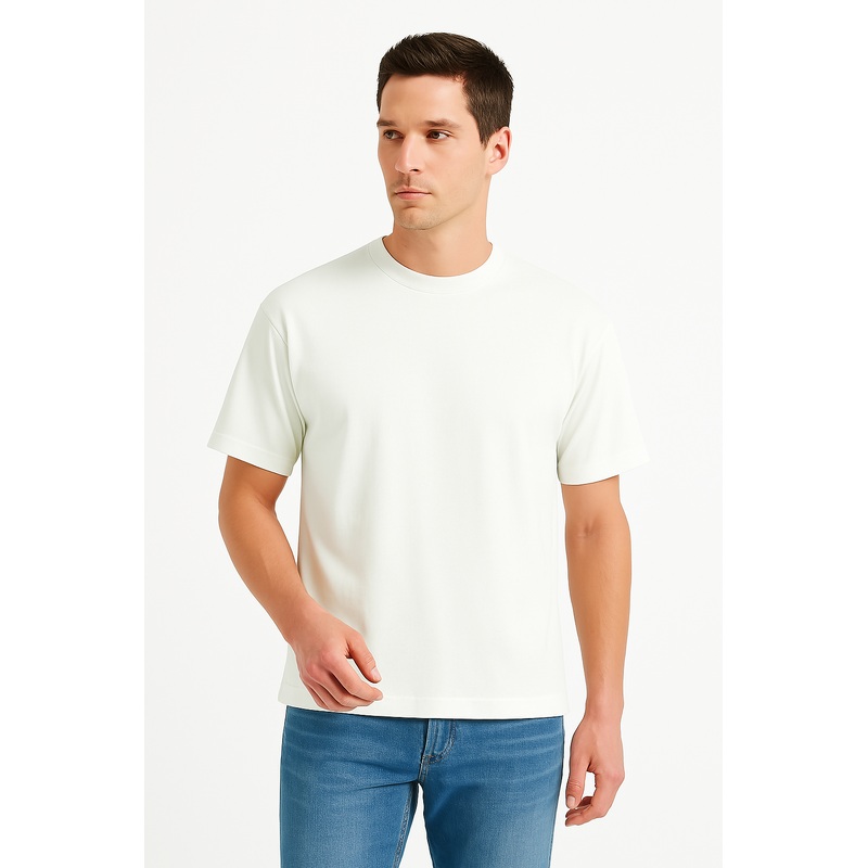 100% Cotton Oversize Fit Crew Neck Ecru Men's T-Shirt - Alpha