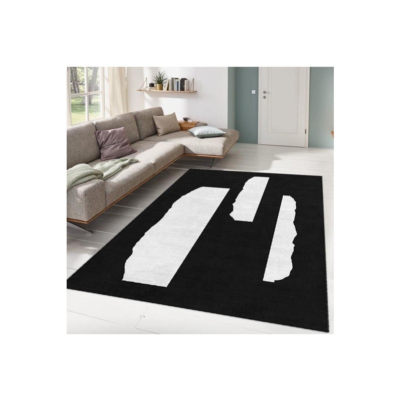 Black Abstract Three Stripe Motif Digital Printed Carpet