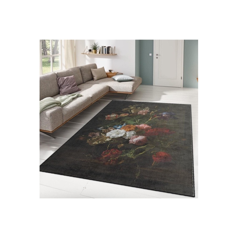 Black Antique Flower Look Digital Printed Carpet