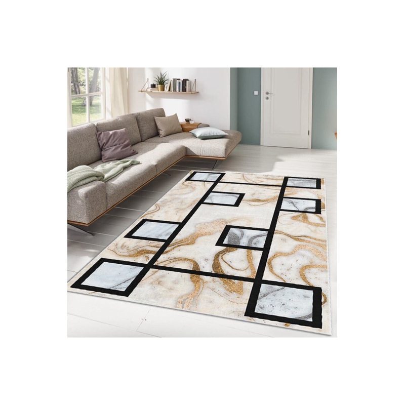 Black Gold Square Motif Digital Printed Carpet