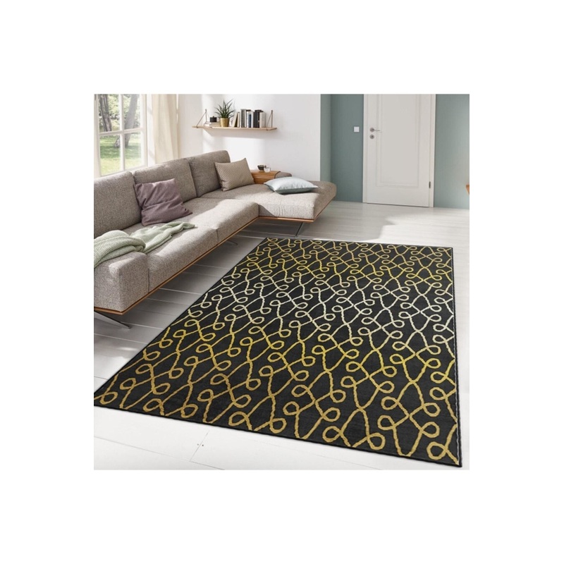 Black Gold Thread Motif Digital Printed Carpet