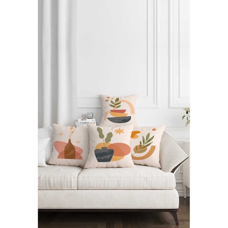 Colorful Cream-Based Abstract Patterned 4 Pcs Digitally Printed Cushion Cover