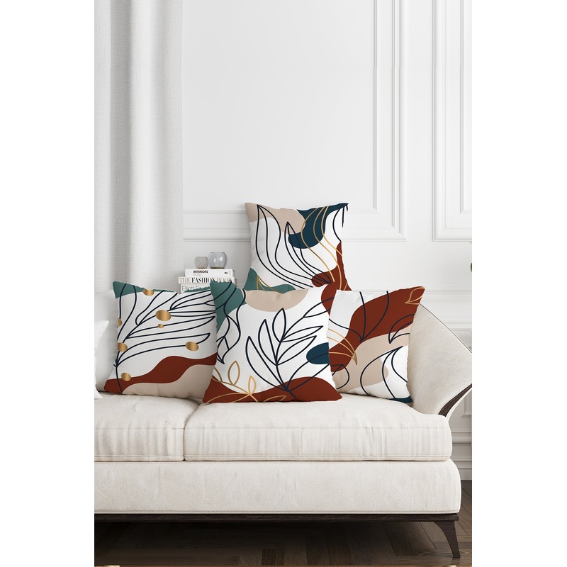 Colorful Gold Detailed Line Leaf Patterned 4 Pcs Digital Printed Cushion Cover