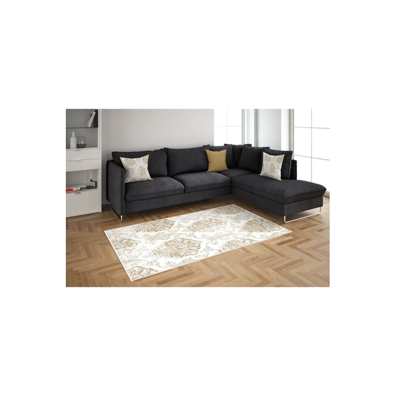 Cream Color Gold Patterned Digital Printed Carpet