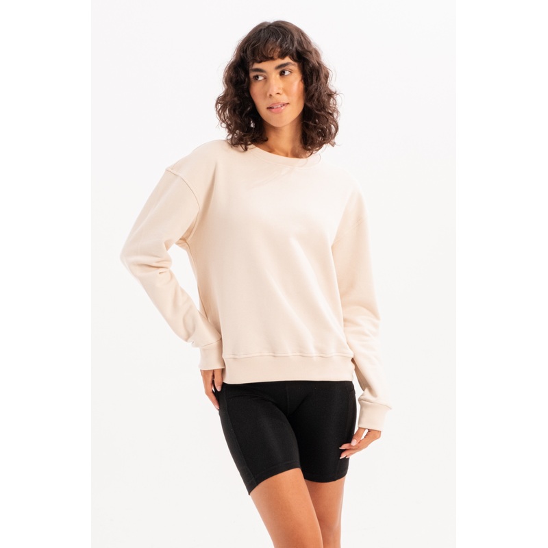 Crew Neck Basic Pattern Beige Women's Sweatshirt Tracksuit Top - Aura