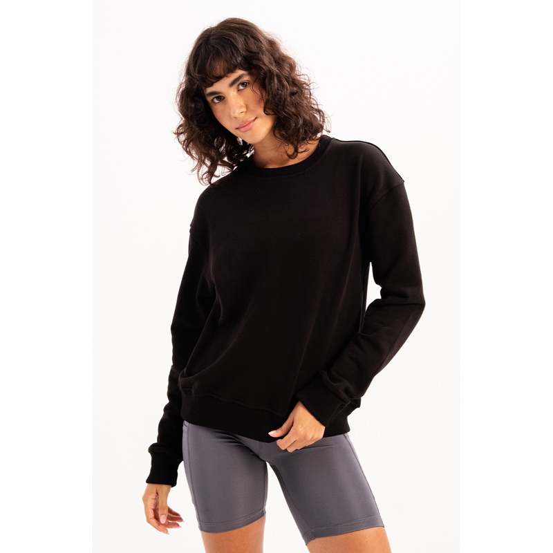 Crew Neck Basic Pattern Black Women's Sweatshirt Tracksuit Top - Aura