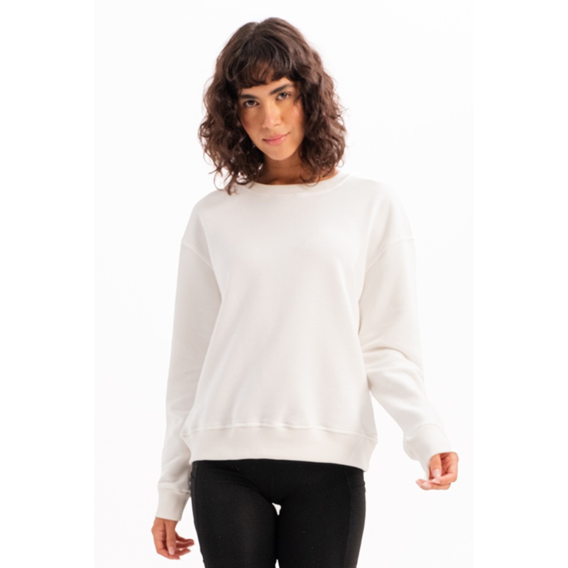 Crew Neck Basic Pattern Ecru Women's Sweatshirt Tracksuit Top - Aura